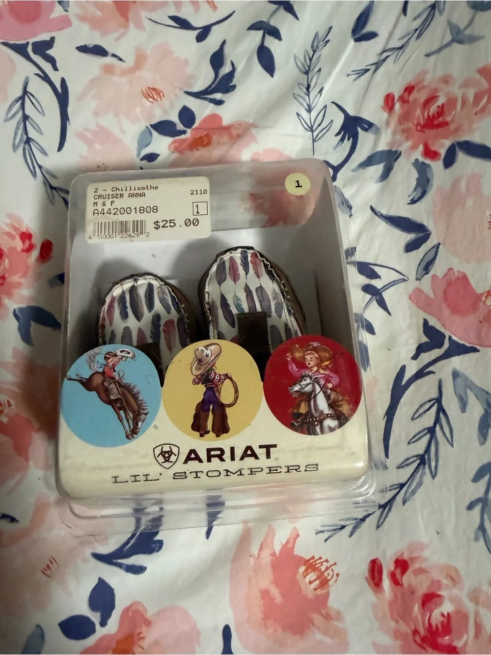 Ariat Baby Slip-On Moccasins with Purple, Pink and Blue Feather Print